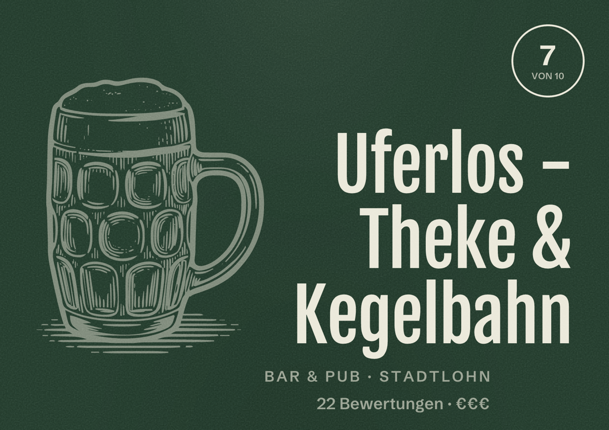 Illustriertes Poster von Uferlos - Theke & Kegelbahn, Bar & Pub in Stadtlohn: Bewertung 7 von 10 aus 22 Bewertungen, Preisniveau €€€