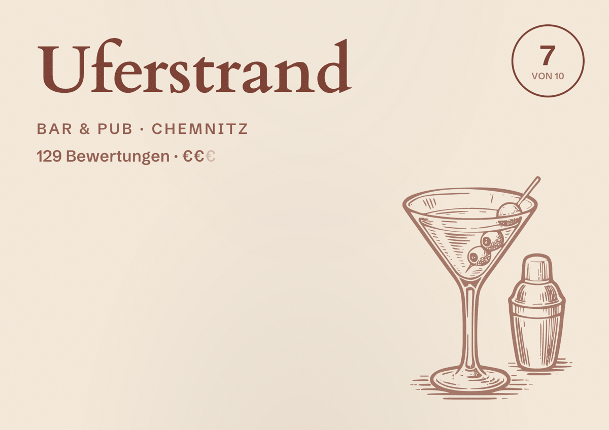 Illustriertes Poster von Uferstrand, Bar & Pub in Chemnitz: Gästebewertung 7 von 10 aus 129 Bewertungen