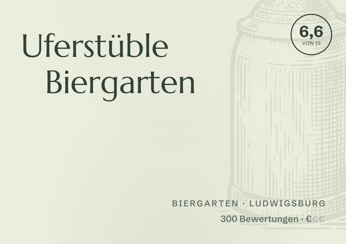 Illustriertes Poster von Uferstüble Biergarten, Biergarten in Ludwigsburg: Bewertung 6,6 von 10 aus 300 Bewertungen, Preisniveau €
