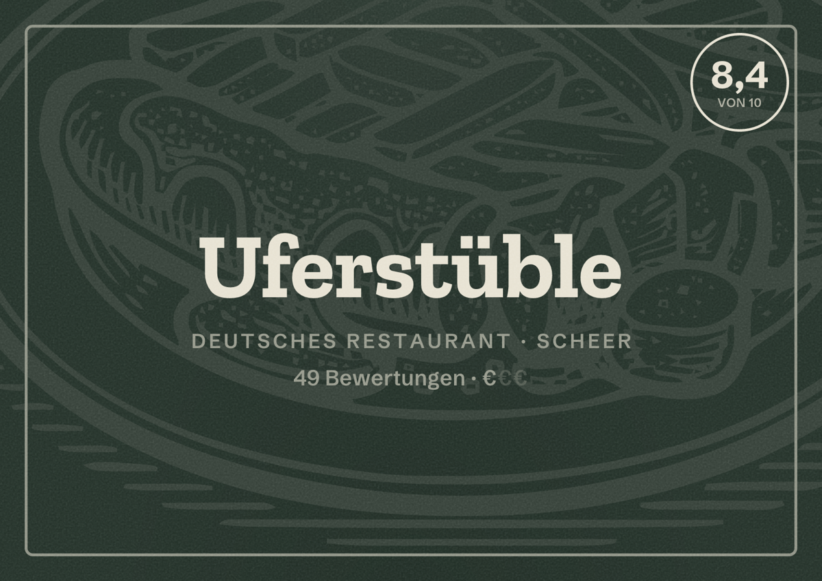 Illustriertes Poster von Uferstüble, Deutsches Restaurant in Scheer: Bewertung 8,4 von 10 aus 49 Bewertungen, Preisniveau €