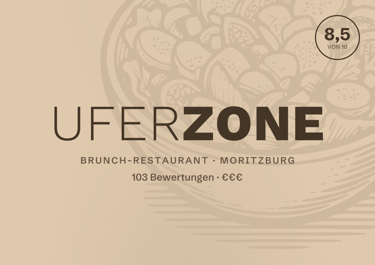 Illustriertes Poster von Uferzone, Brunch-Restaurant in Moritzburg: Bewertung 8,5 von 10 aus 103 Bewertungen, Preisniveau €€€