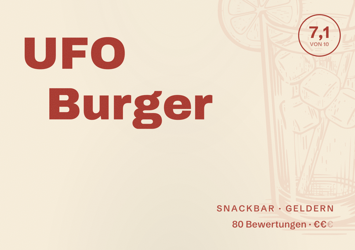 Illustriertes Poster von UFO Burger, Snackbar in Geldern: Bewertung 7,1 von 10 aus 80 Bewertungen, Preisniveau €€