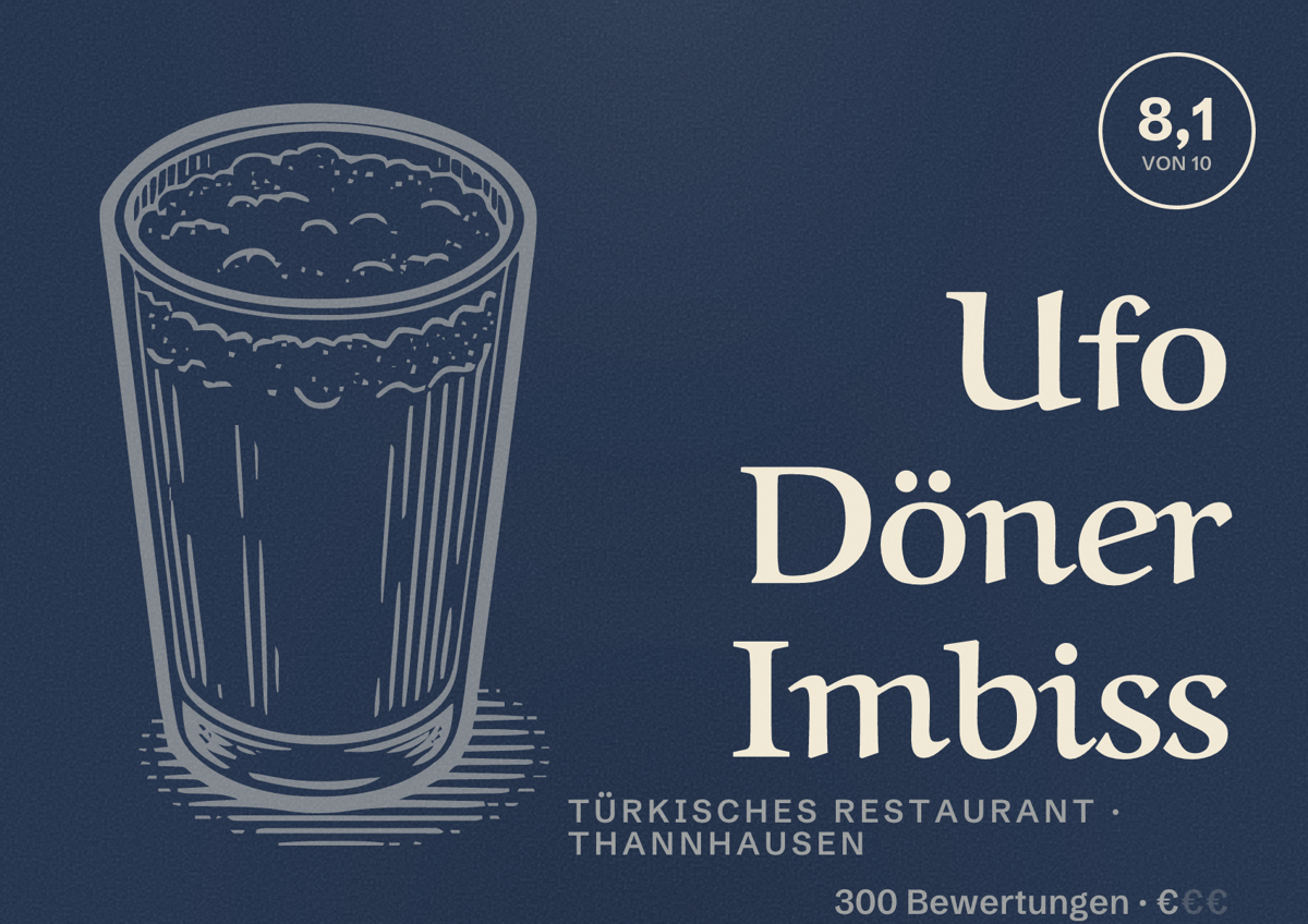 Illustriertes Poster von Ufo Döner Imbiss, Türkisches Restaurant in Thannhausen: Bewertung 8,1 von 10 aus 300 Bewertungen, Preisniveau €
