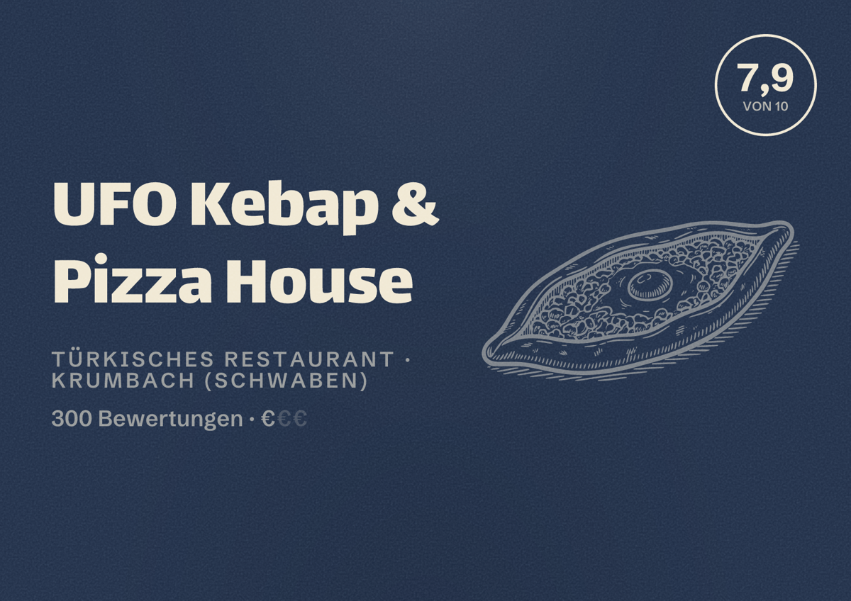 Illustriertes Poster von UFO Kebap & Pizza House, Türkisches Restaurant in Krumbach (Schwaben): Bewertung 7,9 von 10 aus 300 Bewertungen, Preisniveau €
