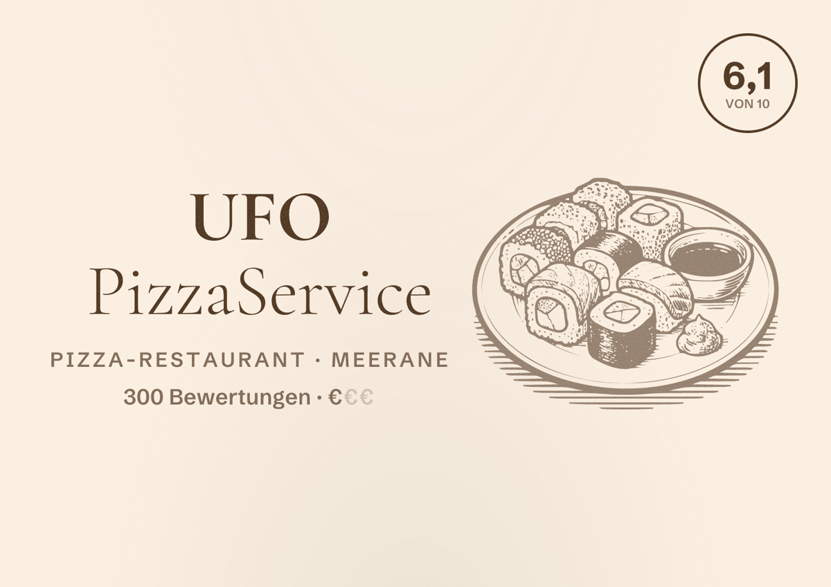 Illustriertes Poster von UFO PizzaService, Pizza-Restaurant in Meerane: Bewertung 6,1 von 10 aus 300 Bewertungen, Preisniveau €
