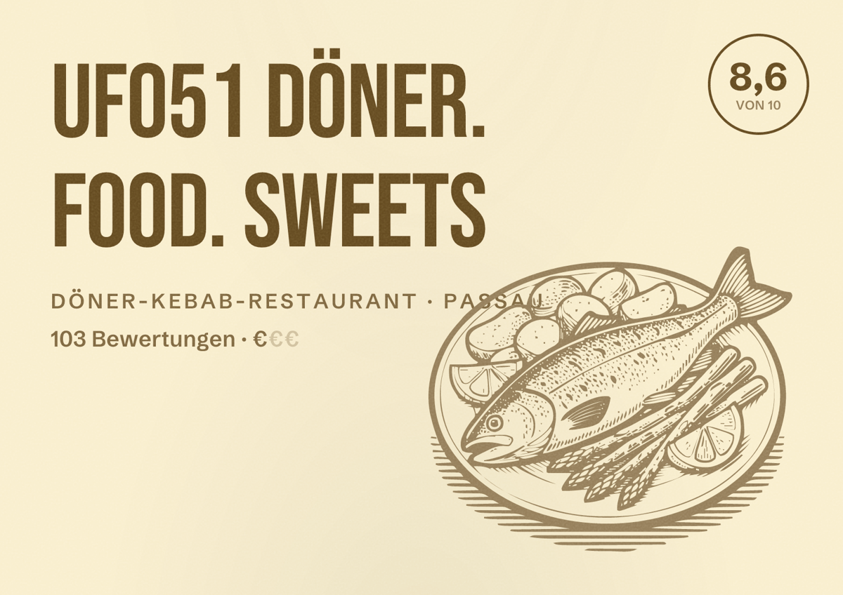 Illustriertes Poster von UFO51 Döner. Food. Sweets, Döner-Kebab-Restaurant in Passau: Bewertung 8,6 von 10 aus 103 Bewertungen, Preisniveau €