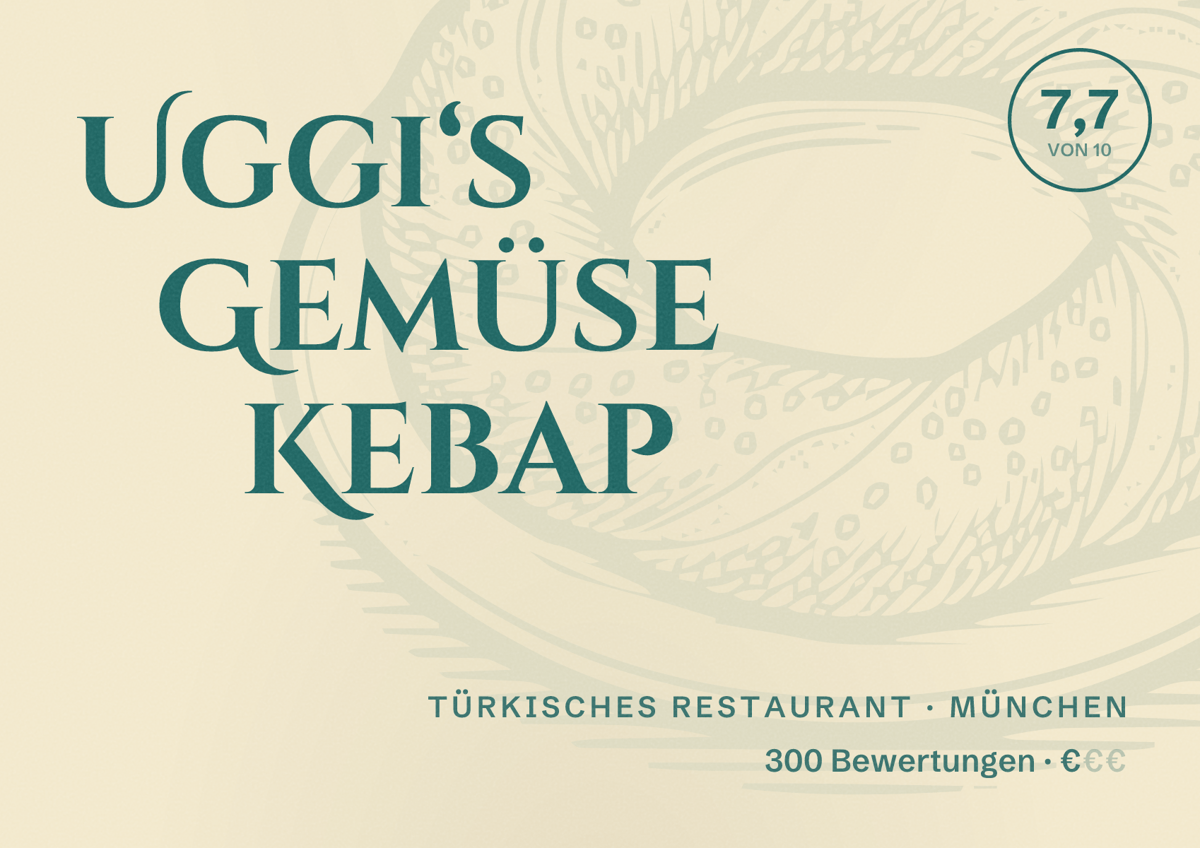 Illustriertes Poster von Uggi‘s Gemüse Kebap, Türkisches Restaurant in München: Bewertung 7,7 von 10 aus 300 Bewertungen, Preisniveau €