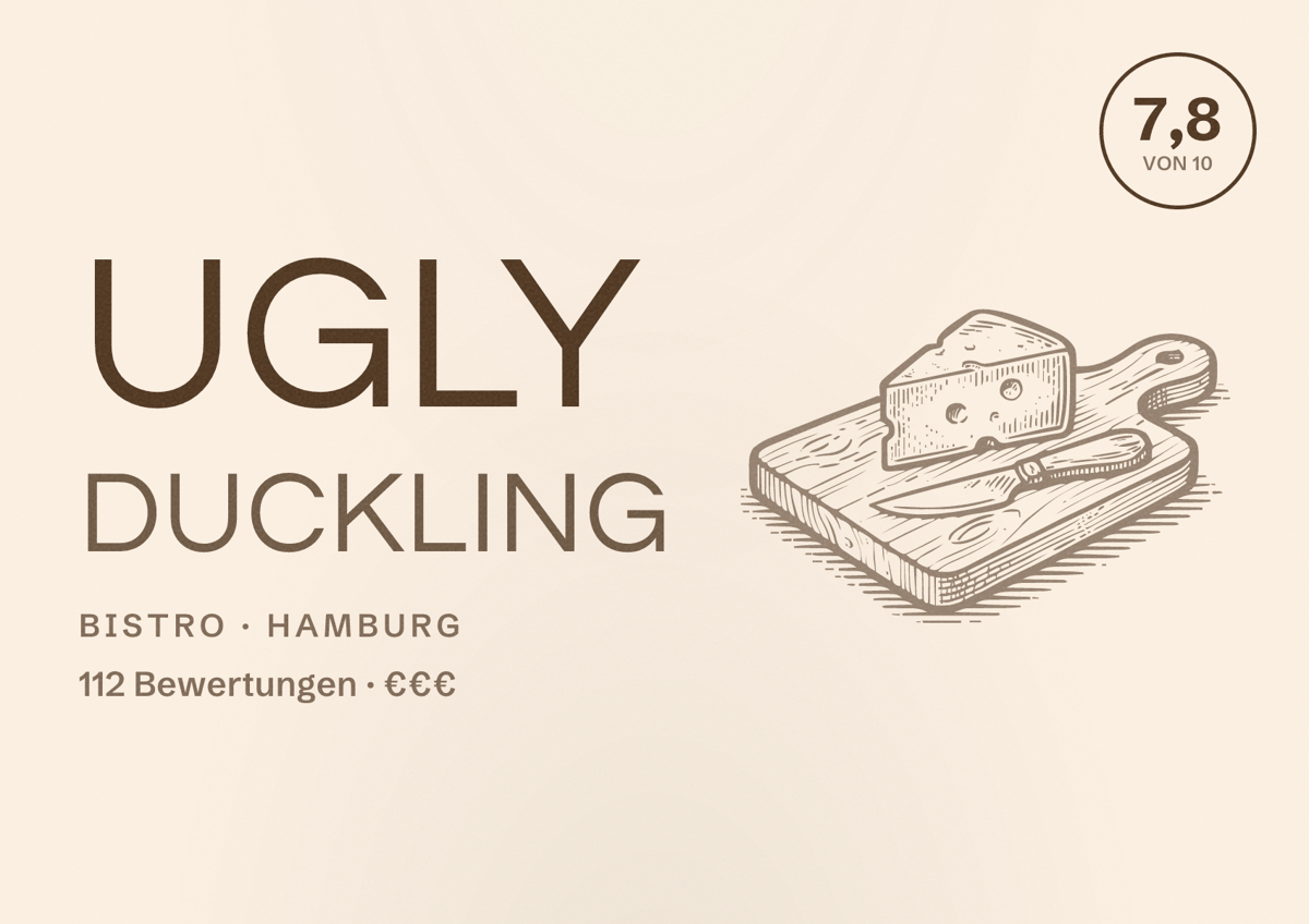 Illustriertes Poster von Ugly Duckling, Bistro in Hamburg: Bewertung 7,8 von 10 aus 112 Bewertungen, Preisniveau €€€
