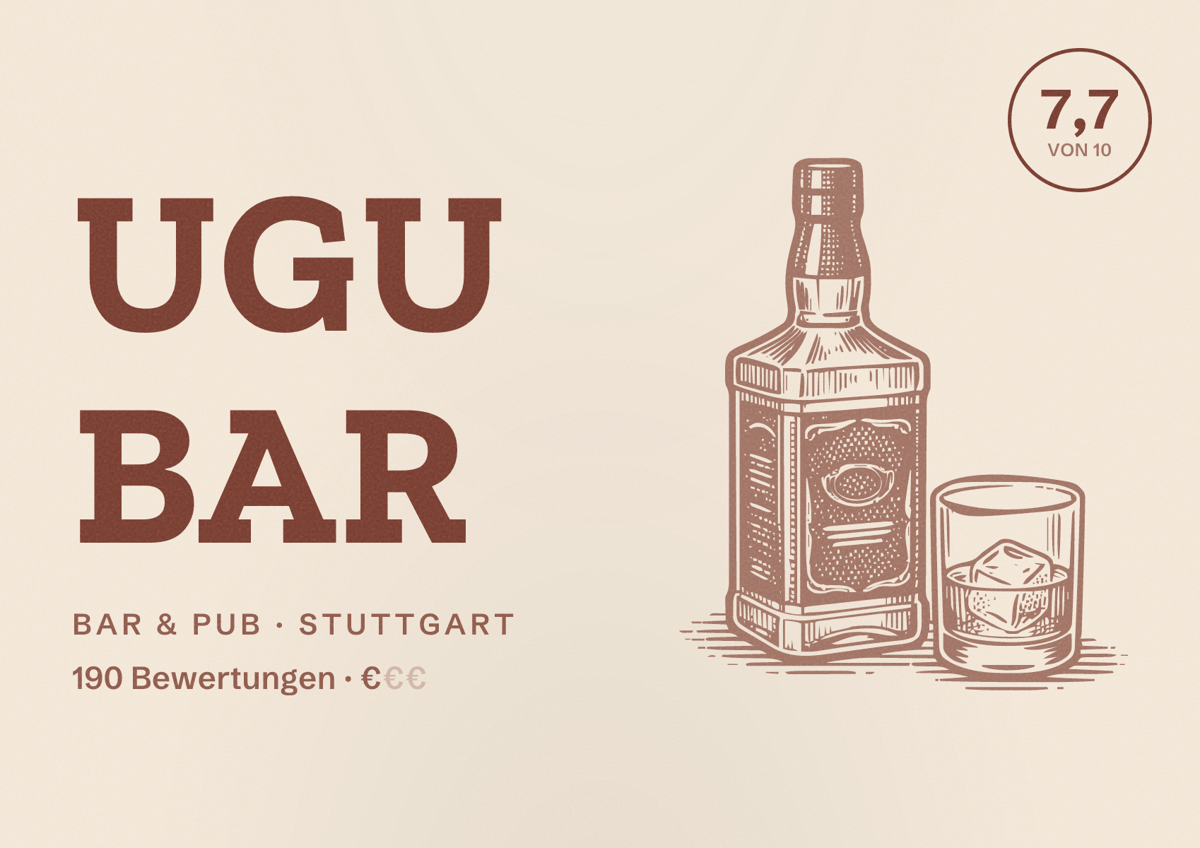 Illustriertes Poster von UGU Bar, Bar & Pub in Stuttgart: Bewertung 7,7 von 10 aus 190 Bewertungen, Preisniveau €