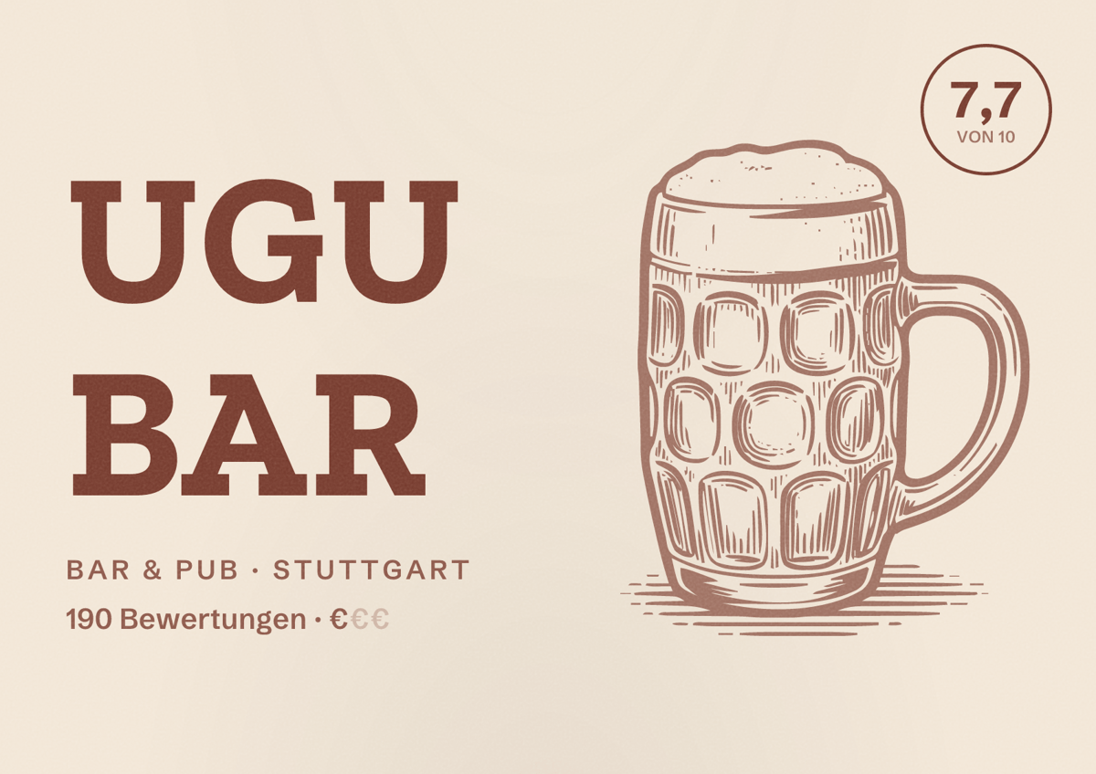 Illustriertes Poster von UGU Bar, Bar & Pub in Stuttgart: Bewertung 7,7 von 10 aus 190 Bewertungen, Preisniveau €
