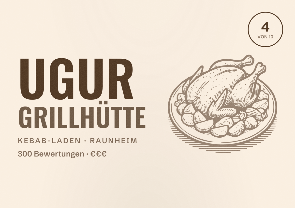 Illustriertes Poster von Ugur Grillhütte, Kebab-Laden in Raunheim: Bewertung 4 von 10 aus 300 Bewertungen, Preisniveau €€€
