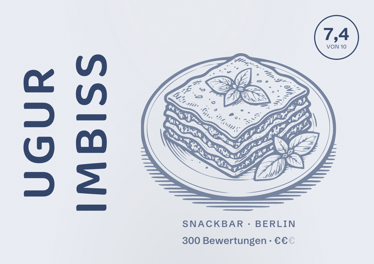 Illustriertes Poster von Ugur Imbiss, Snackbar in Berlin: Bewertung 7,4 von 10 aus 300 Bewertungen, Preisniveau €€