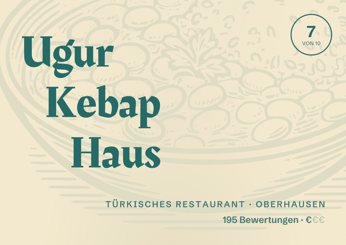 Illustriertes Poster von Ugur Kebap Haus, Türkisches Restaurant in Oberhausen: Bewertung 7 von 10 aus 195 Bewertungen, Preisniveau €