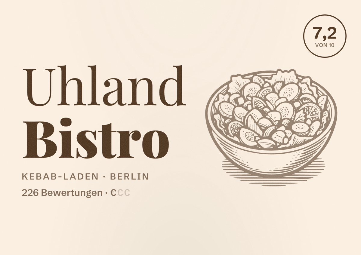 Illustriertes Poster von Uhland Bistro, Kebab-Laden in Berlin: Bewertung 7,2 von 10 aus 226 Bewertungen, Preisniveau €