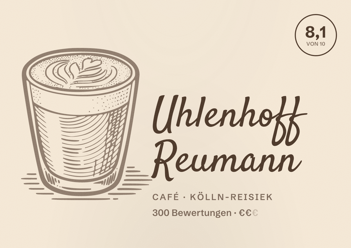 Illustriertes Poster von Uhlenhoff Reumann, Café in Kölln-Reisiek: Bewertung 8,1 von 10 aus 300 Bewertungen, Preisniveau €€