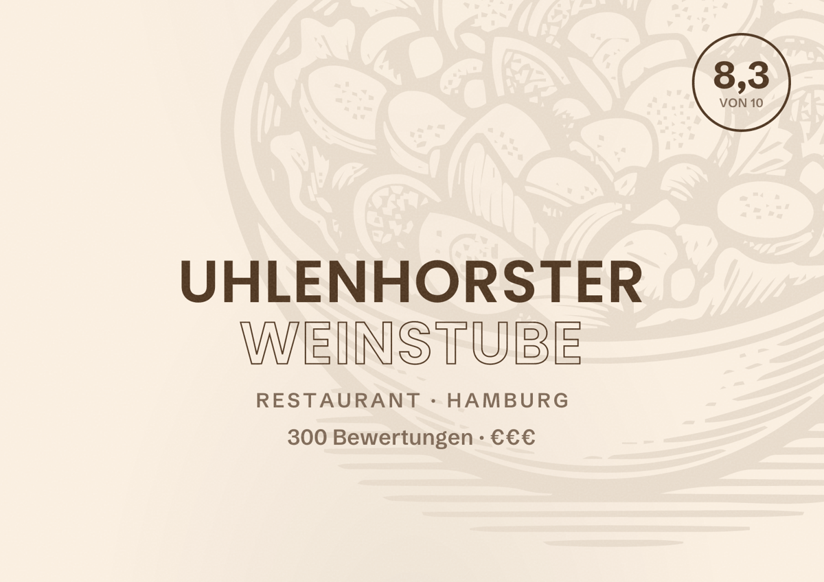 Illustriertes Poster von Uhlenhorster Weinstube, Restaurant in Hamburg: Bewertung 8,3 von 10 aus 300 Bewertungen, Preisniveau €€€
