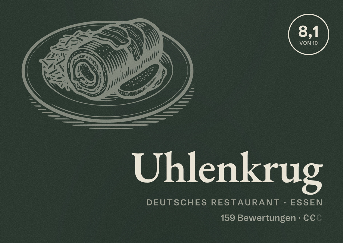 Illustriertes Poster von Uhlenkrug, Deutsches Restaurant in Essen: Bewertung 8,1 von 10 aus 159 Bewertungen, Preisniveau €€