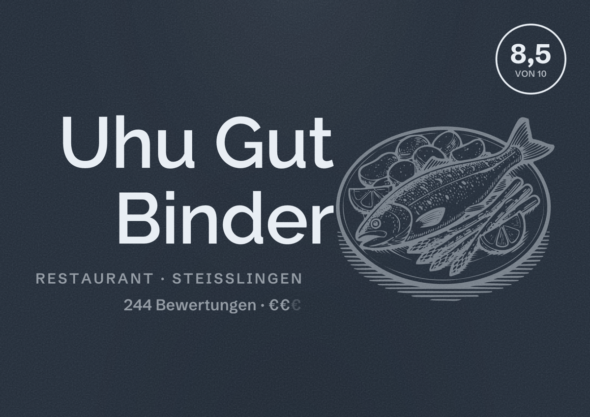 Illustriertes Poster von Uhu Gut Binder, Restaurant in Steißlingen: Bewertung 8,5 von 10 aus 244 Bewertungen, Preisniveau €€