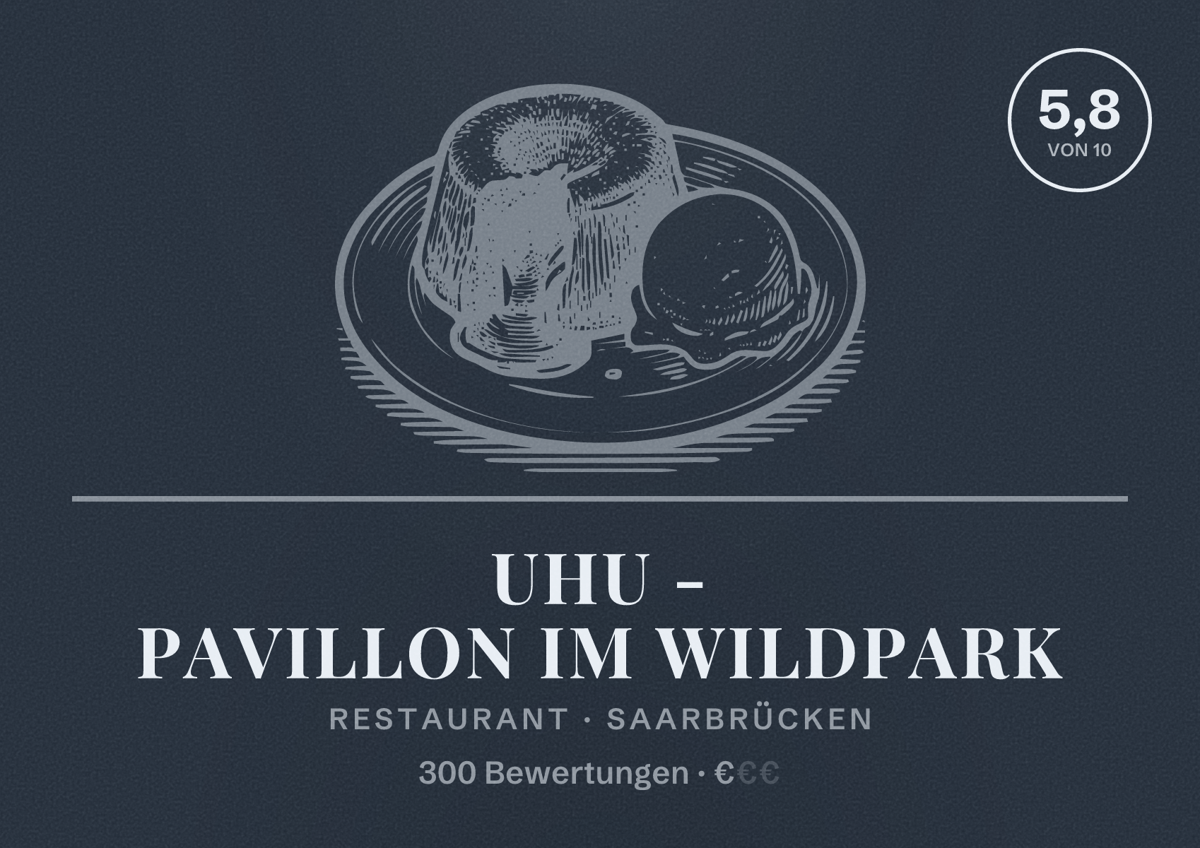 Illustriertes Poster von Uhu - Pavillon im Wildpark, Restaurant in Saarbrücken: Bewertung 5,8 von 10 aus 300 Bewertungen, Preisniveau €