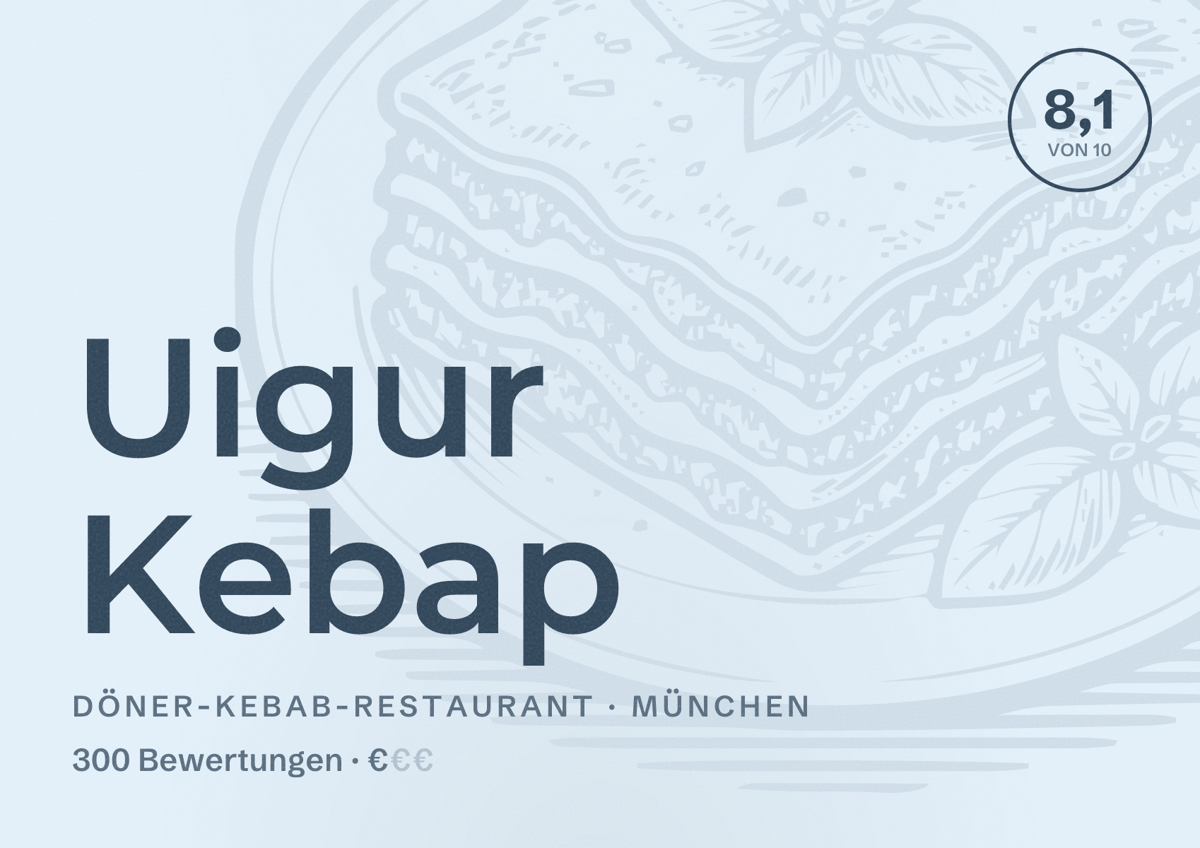 Illustriertes Poster von Uigur Kebap, Döner-Kebab-Restaurant in München: Bewertung 8,1 von 10 aus 300 Bewertungen, Preisniveau €