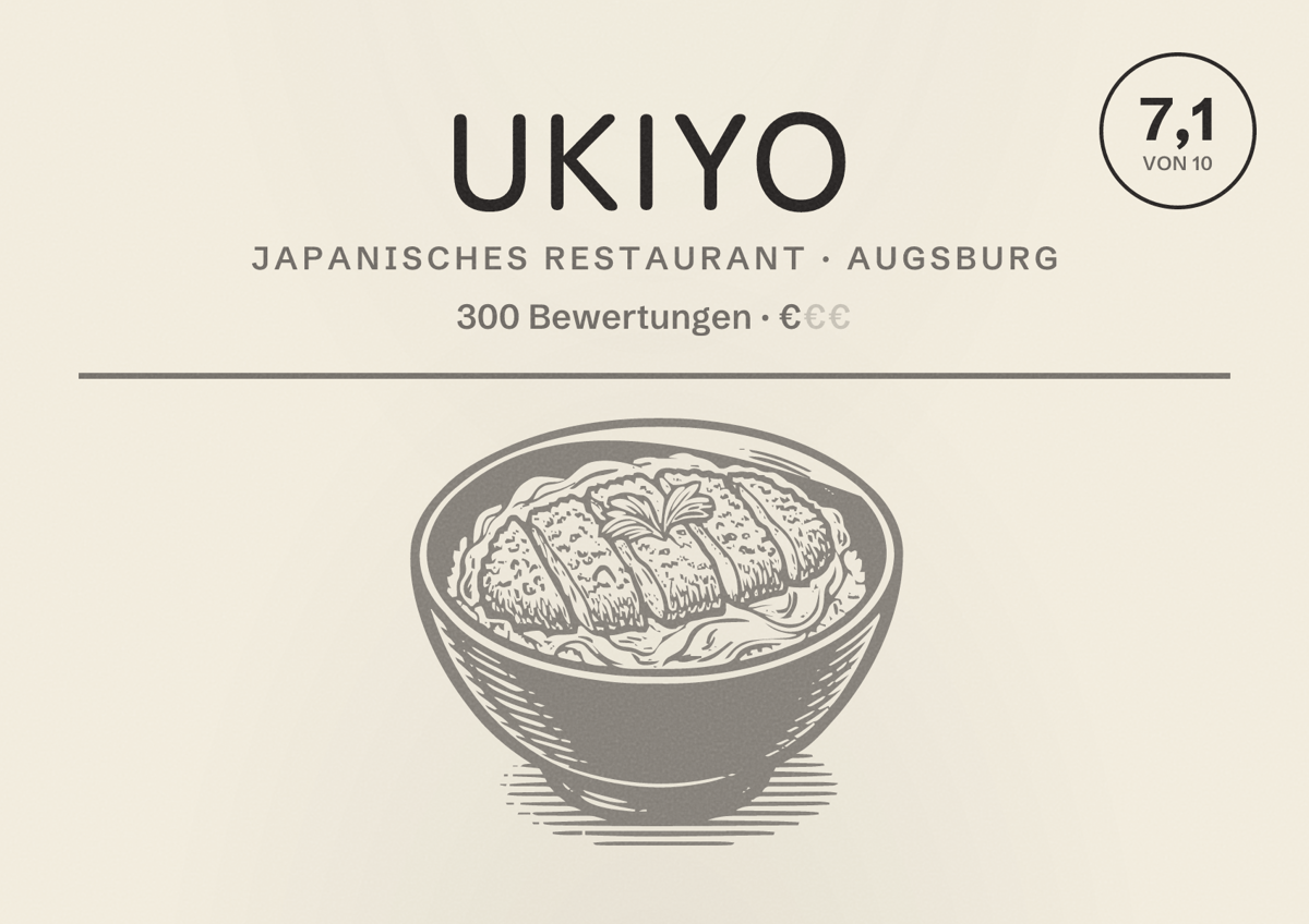 Illustriertes Poster von Ukiyo, Japanisches Restaurant in Augsburg: Bewertung 7,1 von 10 aus 300 Bewertungen, Preisniveau €