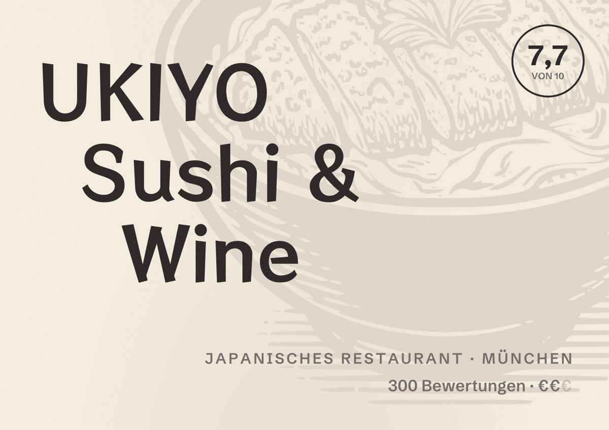 Illustriertes Poster von UKIYO Sushi & Wine, Japanisches Restaurant in München: Bewertung 7,7 von 10 aus 300 Bewertungen, Preisniveau €€