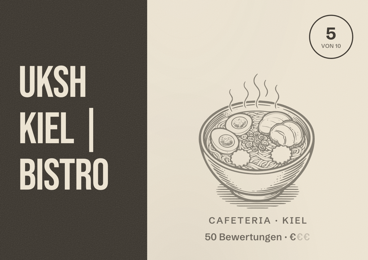 Illustriertes Poster von UKSH Kiel | Bistro, Cafeteria in Kiel: Bewertung 5 von 10 aus 50 Bewertungen, Preisniveau €