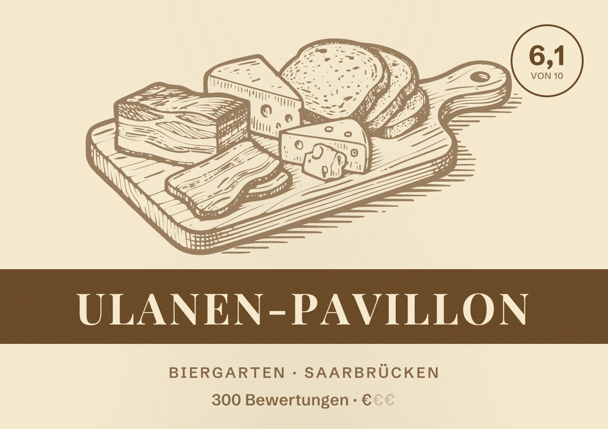 Illustriertes Poster von Ulanen-Pavillon, Biergarten in Saarbrücken: Bewertung 6,1 von 10 aus 300 Bewertungen, Preisniveau €