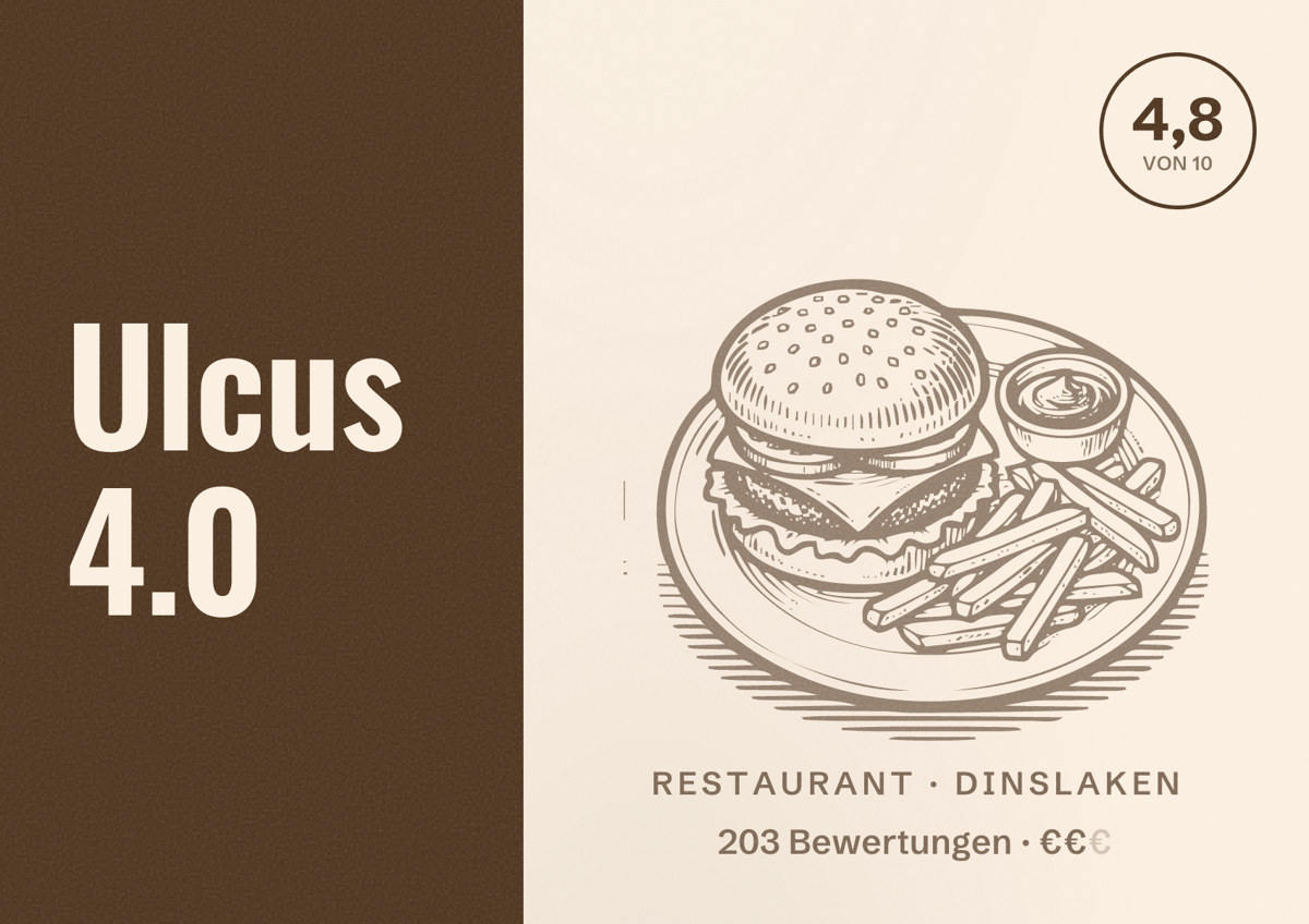 Illustriertes Poster von Ulcus 4.0, Restaurant in Dinslaken: Bewertung 4,8 von 10 aus 203 Bewertungen, Preisniveau €€