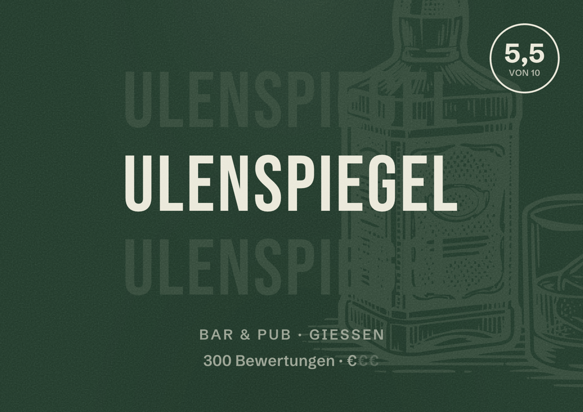 Illustriertes Poster von Ulenspiegel, Bar & Pub in Gießen: Bewertung 5,5 von 10 aus 300 Bewertungen, Preisniveau €