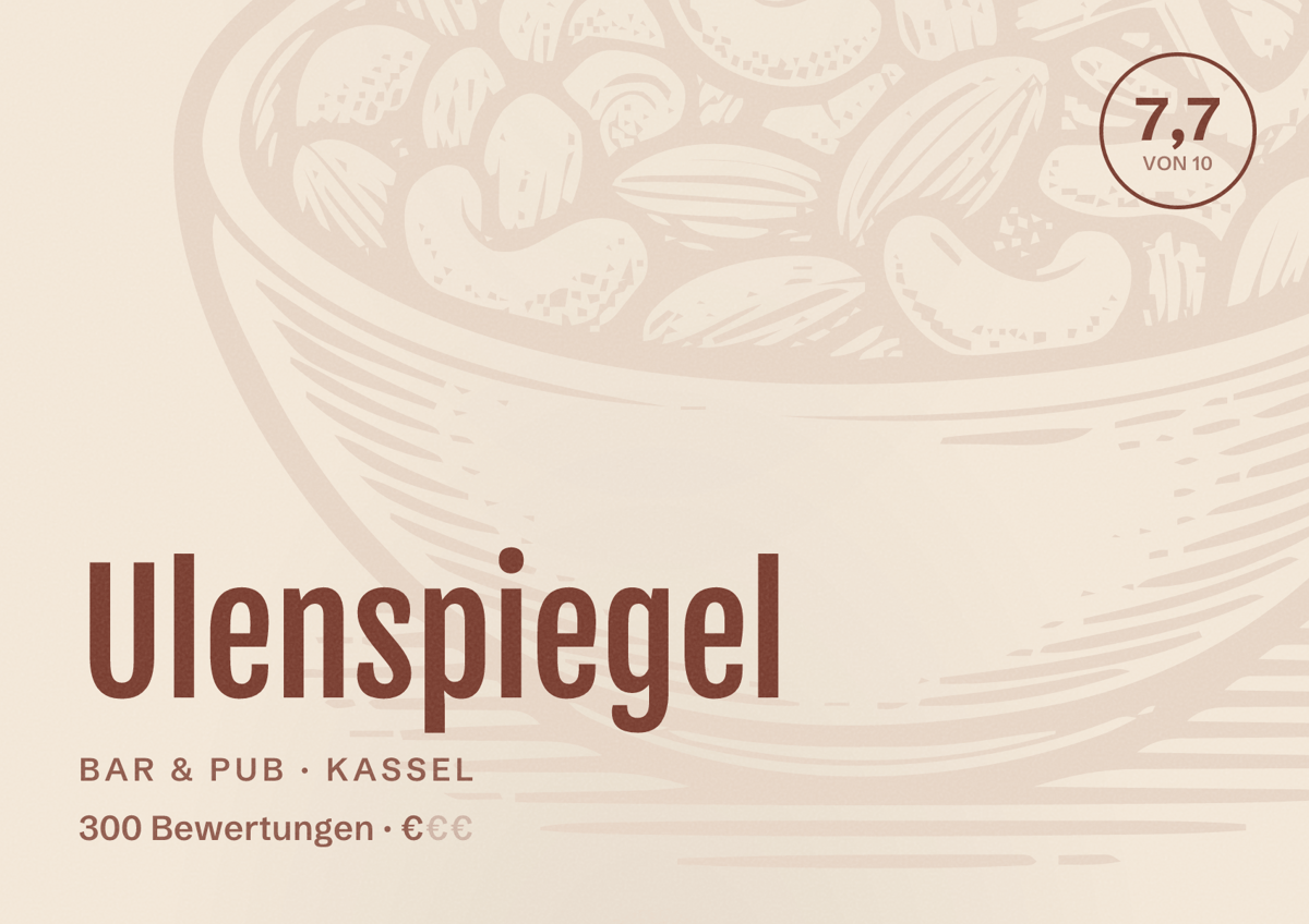 Illustriertes Poster von Ulenspiegel, Bar & Pub in Kassel: Bewertung 7,7 von 10 aus 300 Bewertungen, Preisniveau €