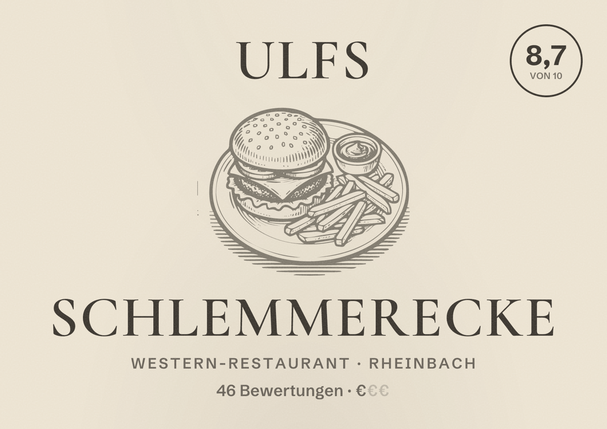 Illustriertes Poster von Ulfs Schlemmerecke, Western-Restaurant in Rheinbach: Bewertung 8,7 von 10 aus 46 Bewertungen, Preisniveau €