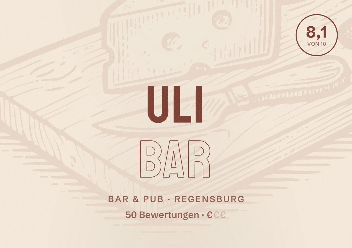 Illustriertes Poster von Uli Bar, Bar & Pub in Regensburg: Bewertung 8,1 von 10 aus 50 Bewertungen, Preisniveau €