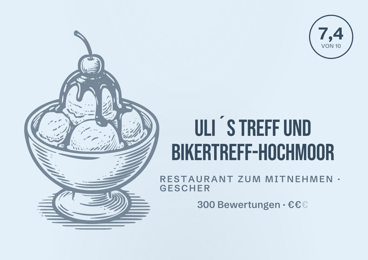 Illustriertes Poster von Uli´s Treff und Bikertreff-Hochmoor, Restaurant zum Mitnehmen in Gescher: Bewertung 7,4 von 10 aus 300 Bewertungen, Preisniveau €€