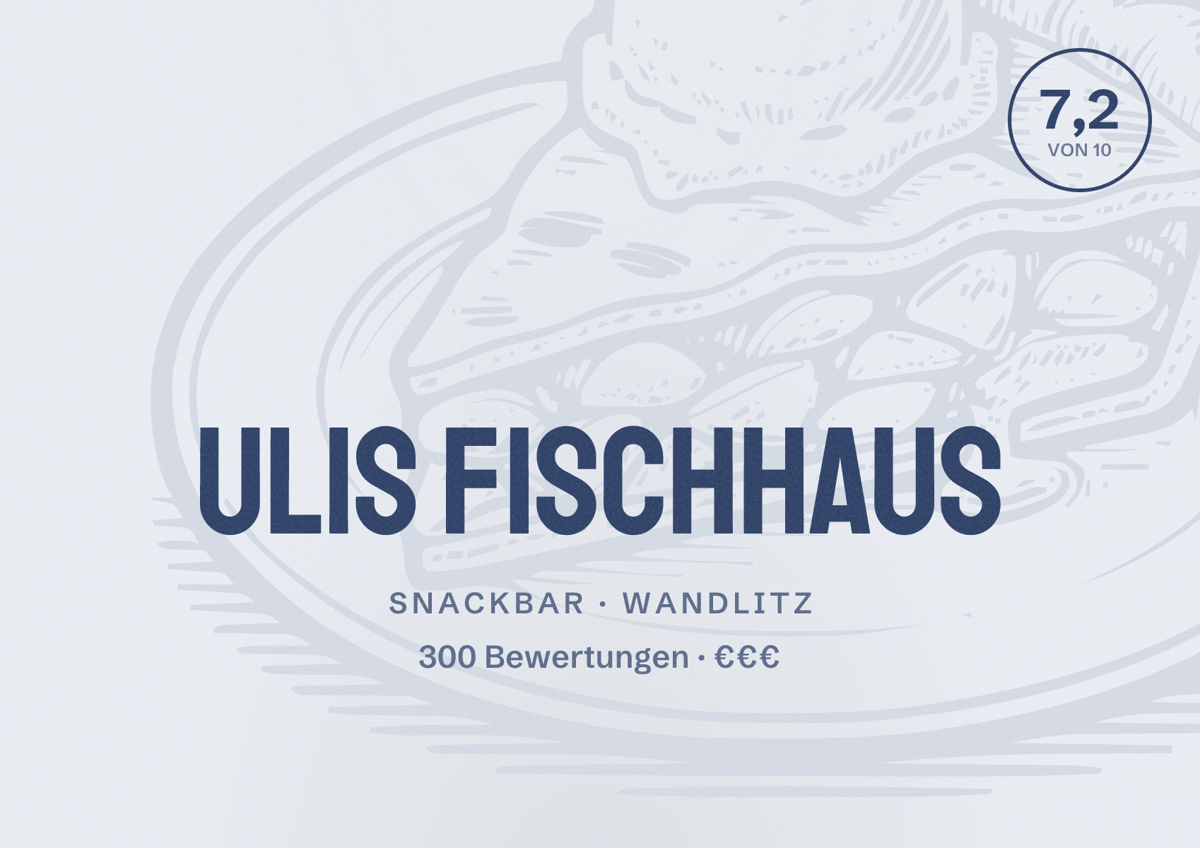 Illustriertes Poster von Ulis Fischhaus, Snackbar in Wandlitz: Bewertung 7,2 von 10 aus 300 Bewertungen, Preisniveau €€€