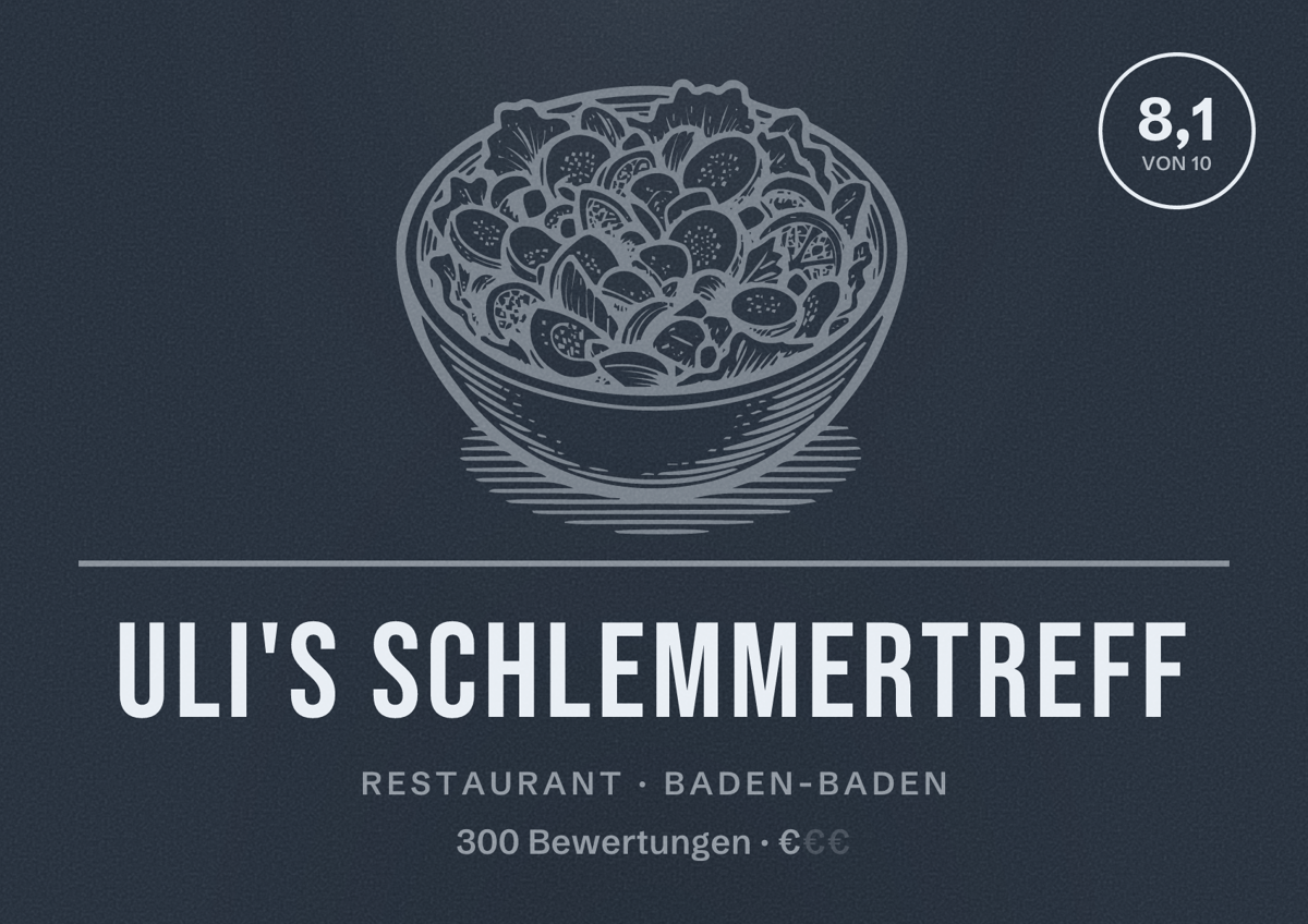 Illustriertes Poster von Uli's Schlemmertreff, Restaurant in Baden-Baden: Bewertung 8,1 von 10 aus 300 Bewertungen, Preisniveau €