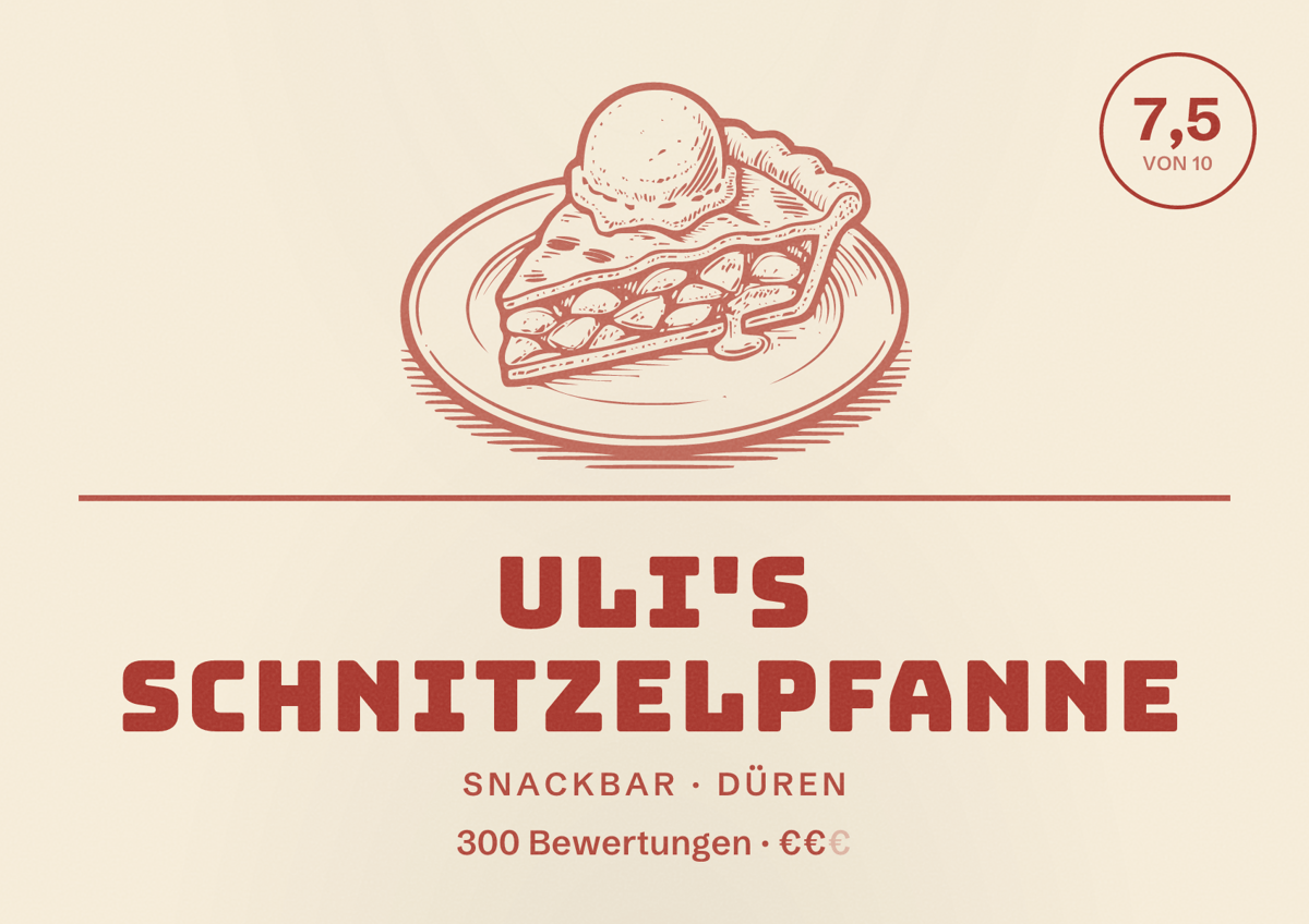 Illustriertes Poster von Uli's Schnitzelpfanne, Snackbar in Düren: Bewertung 7,5 von 10 aus 300 Bewertungen, Preisniveau €€