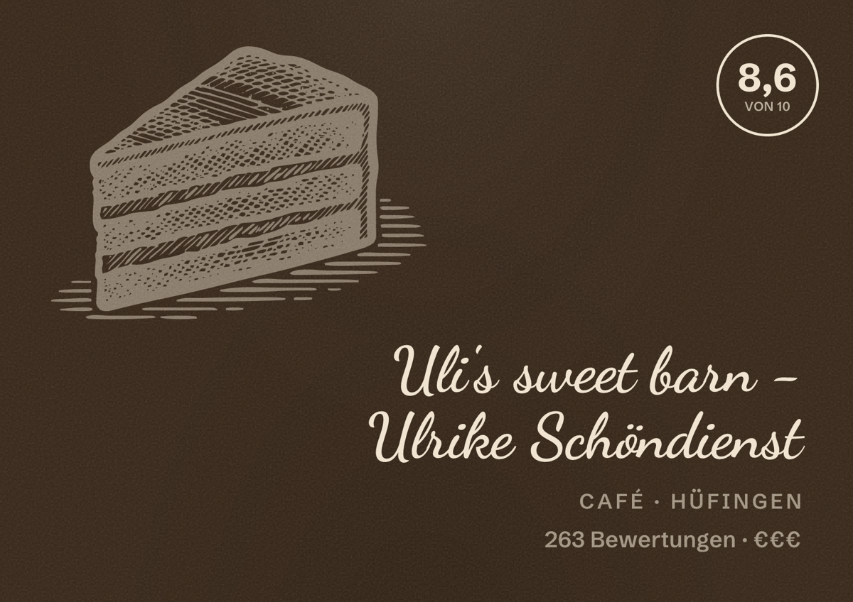Illustriertes Poster von Uli's sweet barn - Ulrike Schöndienst, Café in Hüfingen: Bewertung 8,6 von 10 aus 263 Bewertungen, Preisniveau €€€