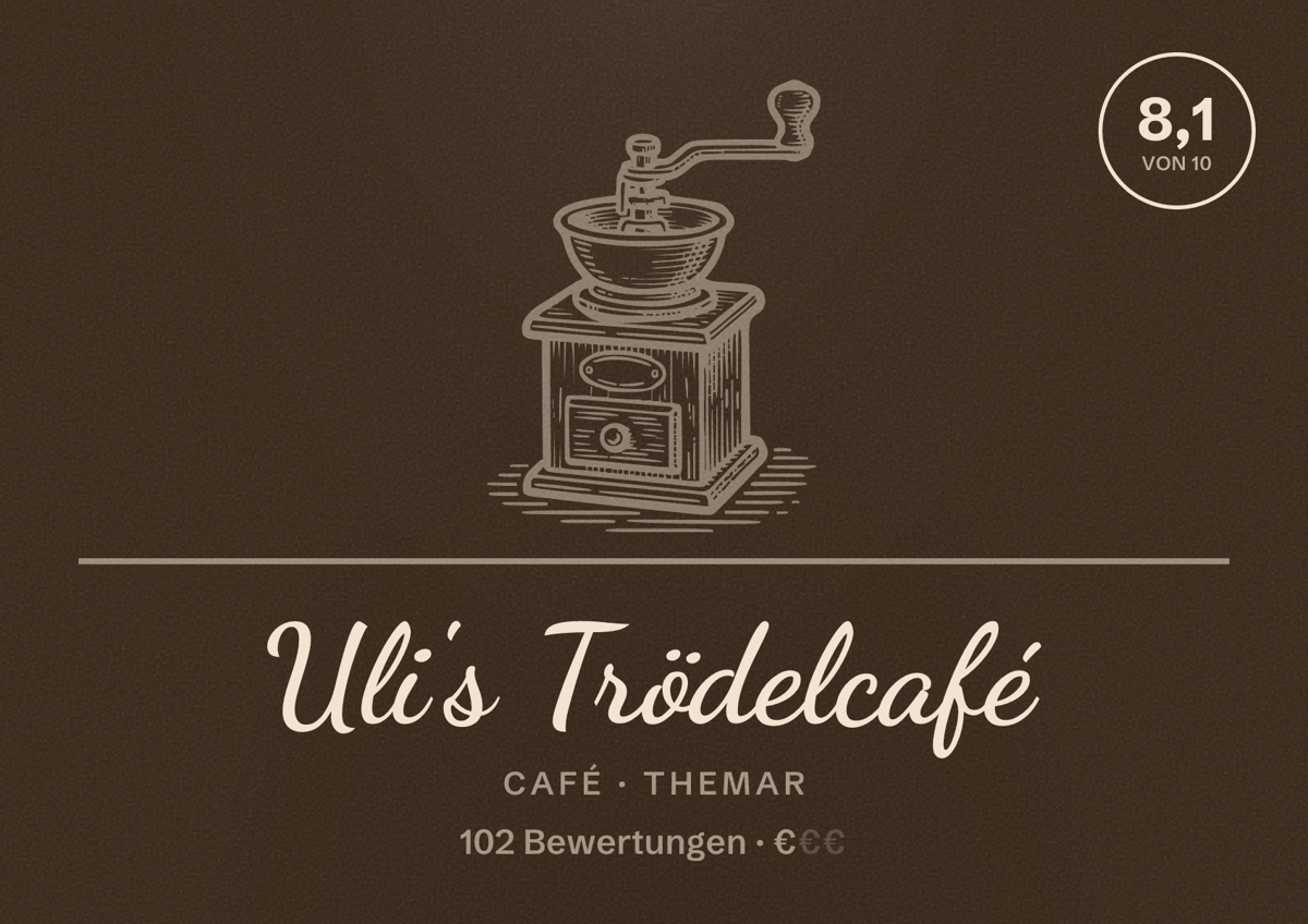 Illustriertes Poster von Uli's Trödelcafé, Café in Themar: Bewertung 8,1 von 10 aus 102 Bewertungen, Preisniveau €