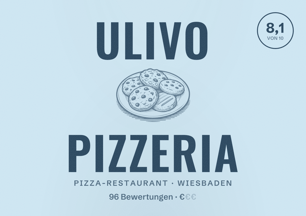 Illustriertes Poster von Ulivo Pizzeria, Pizza-Restaurant in Wiesbaden: Bewertung 8,1 von 10 aus 96 Bewertungen, Preisniveau €