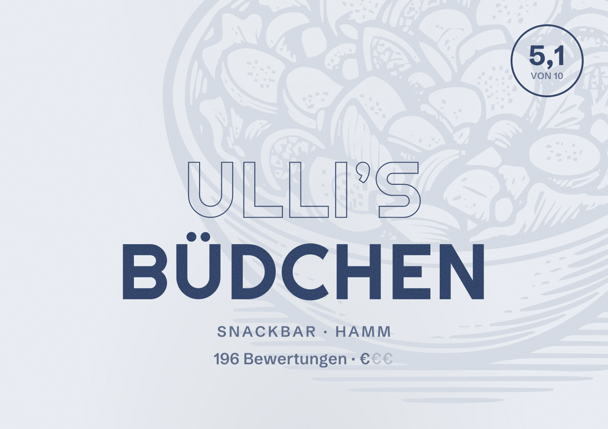 Illustriertes Poster von Ulli’s Büdchen, Snackbar in Hamm: Bewertung 5,1 von 10 aus 196 Bewertungen, Preisniveau €