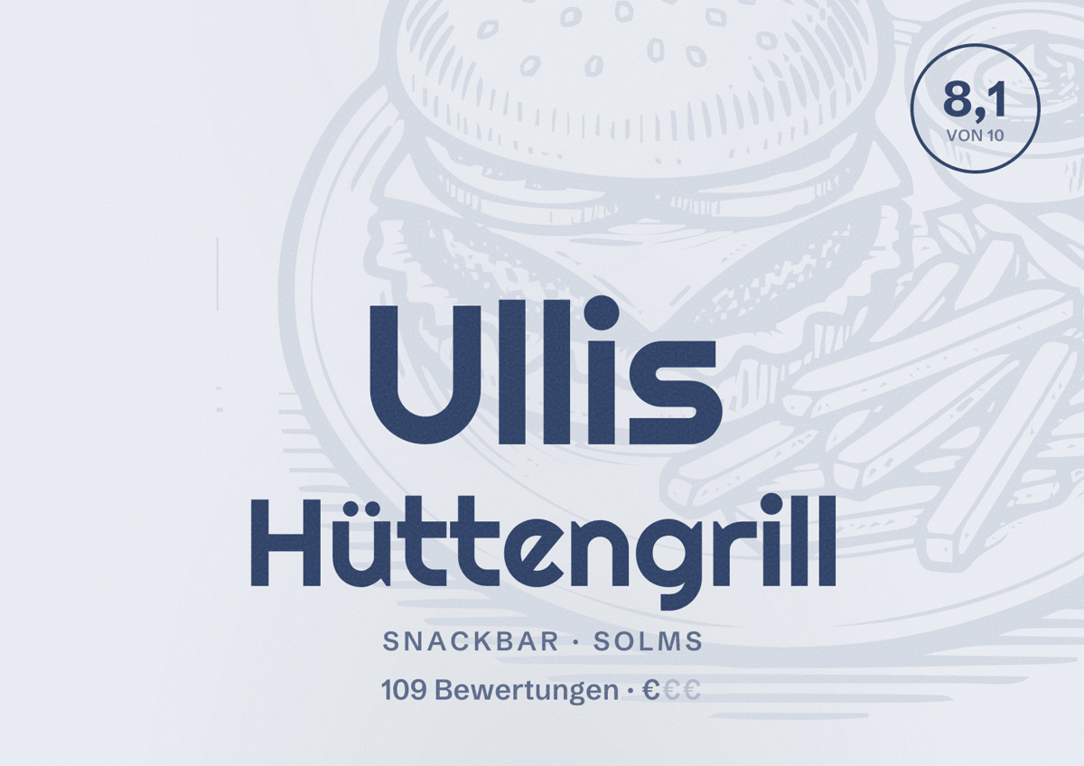 Illustriertes Poster von Ullis Hüttengrill, Snackbar in Solms: Bewertung 8,1 von 10 aus 109 Bewertungen, Preisniveau €