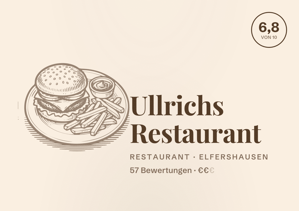 Illustriertes Poster von Ullrichs Restaurant, Restaurant in Elfershausen: Bewertung 6,8 von 10 aus 57 Bewertungen, Preisniveau €€