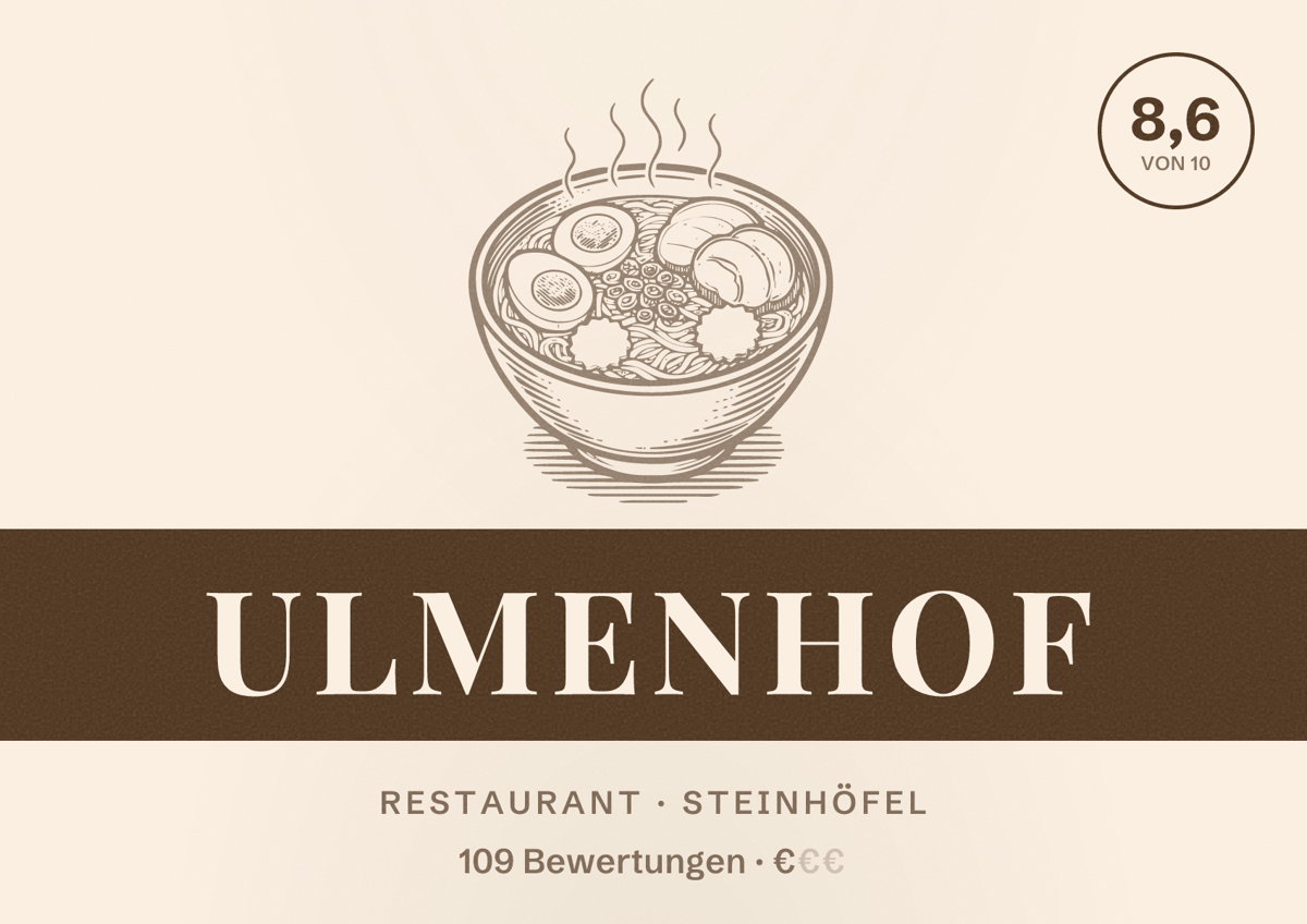 Illustriertes Poster von Ulmenhof, Restaurant in Steinhöfel: Bewertung 8,6 von 10 aus 109 Bewertungen, Preisniveau €