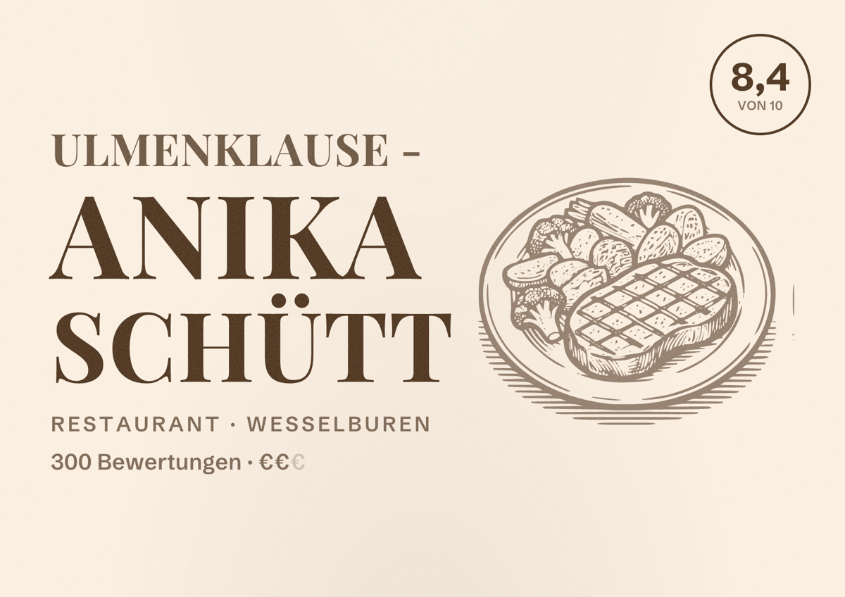 Illustriertes Poster von Ulmenklause - Anika Schütt, Restaurant in Wesselburen: Bewertung 8,4 von 10 aus 300 Bewertungen, Preisniveau €€
