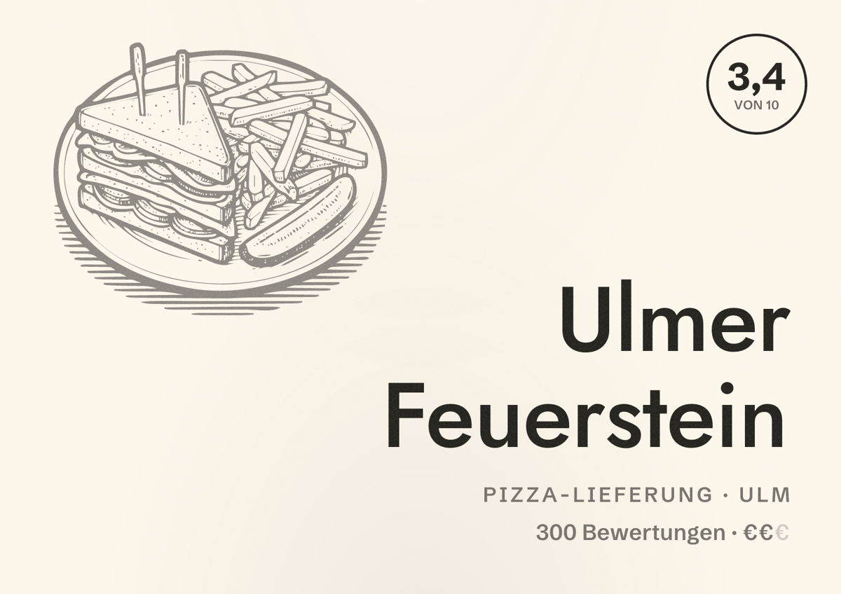 Illustriertes Poster von Ulmer Feuerstein, Pizza-Lieferung in Ulm: Bewertung 3,4 von 10 aus 300 Bewertungen, Preisniveau €€