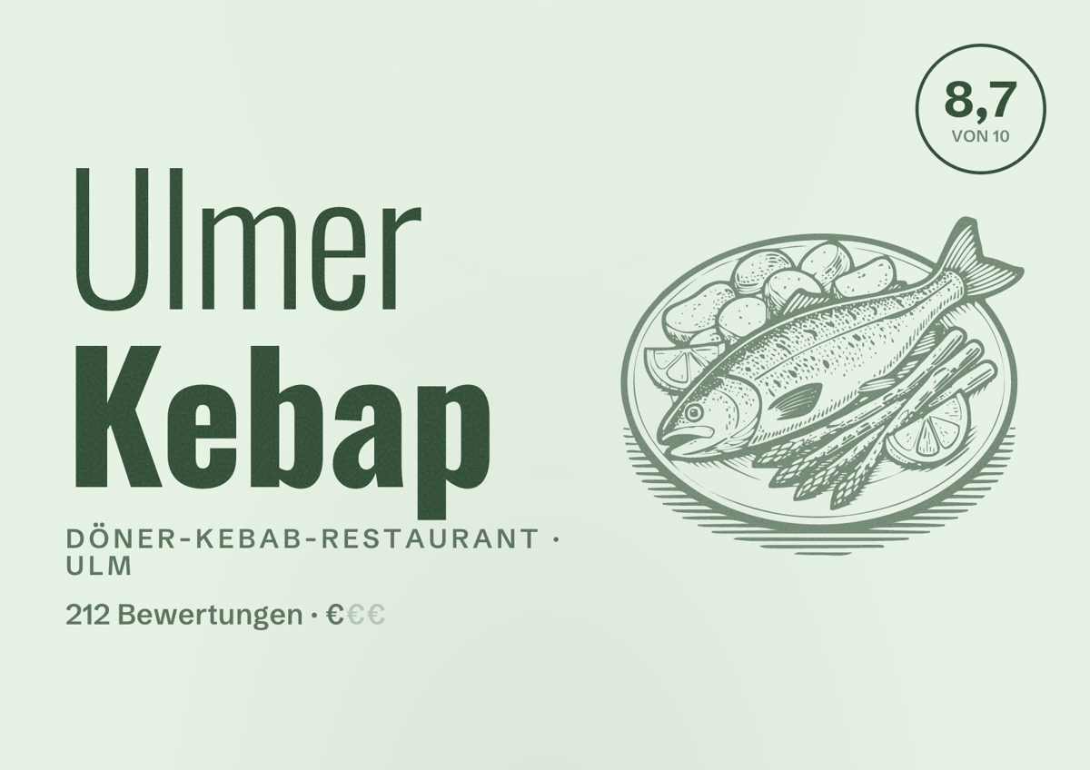 Illustriertes Poster von Ulmer Kebap, Döner-Kebab-Restaurant in Ulm: Bewertung 8,7 von 10 aus 212 Bewertungen, Preisniveau €