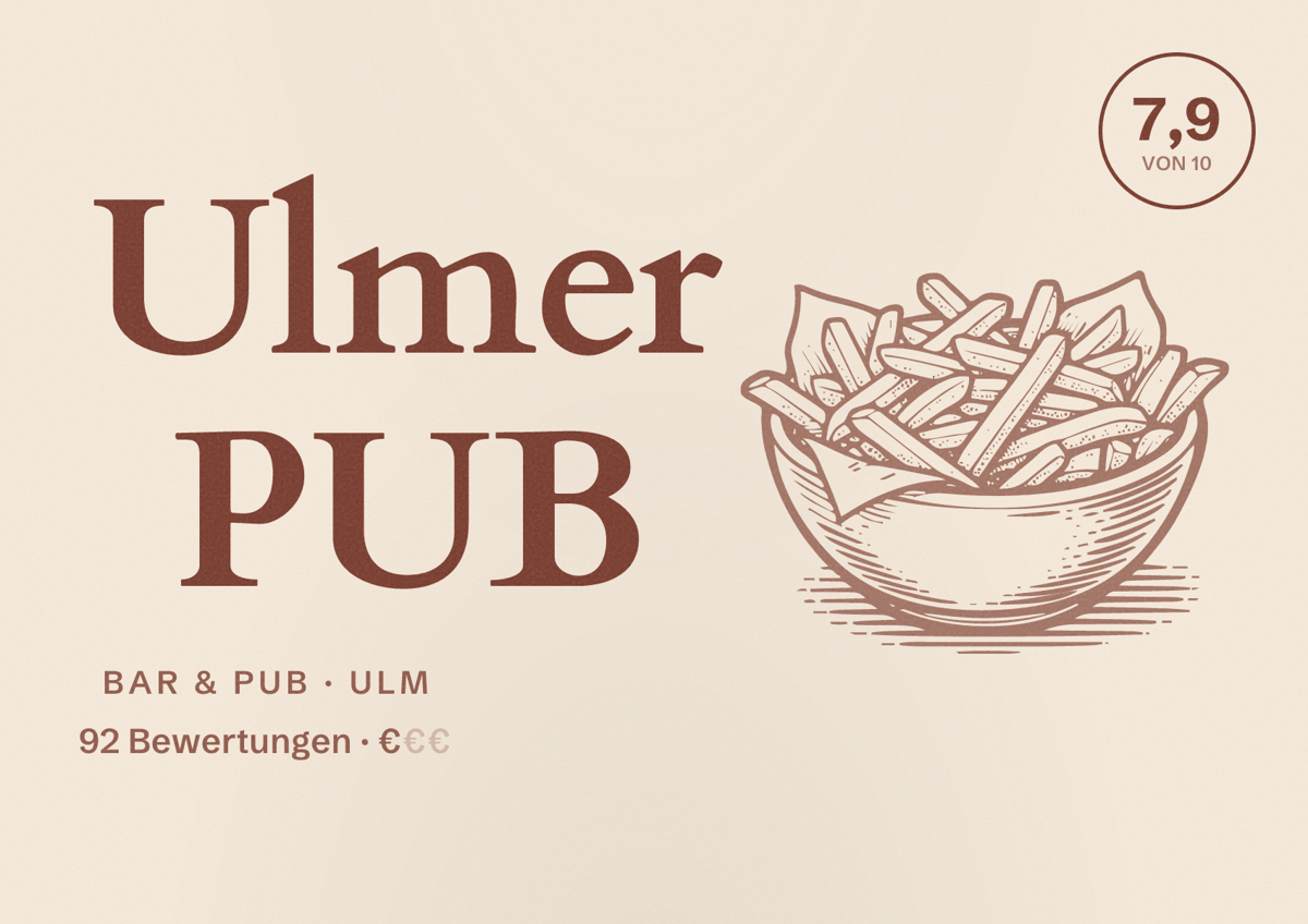 Illustriertes Poster von Ulmer PUB, Bar & Pub in Ulm: Bewertung 7,9 von 10 aus 92 Bewertungen, Preisniveau €