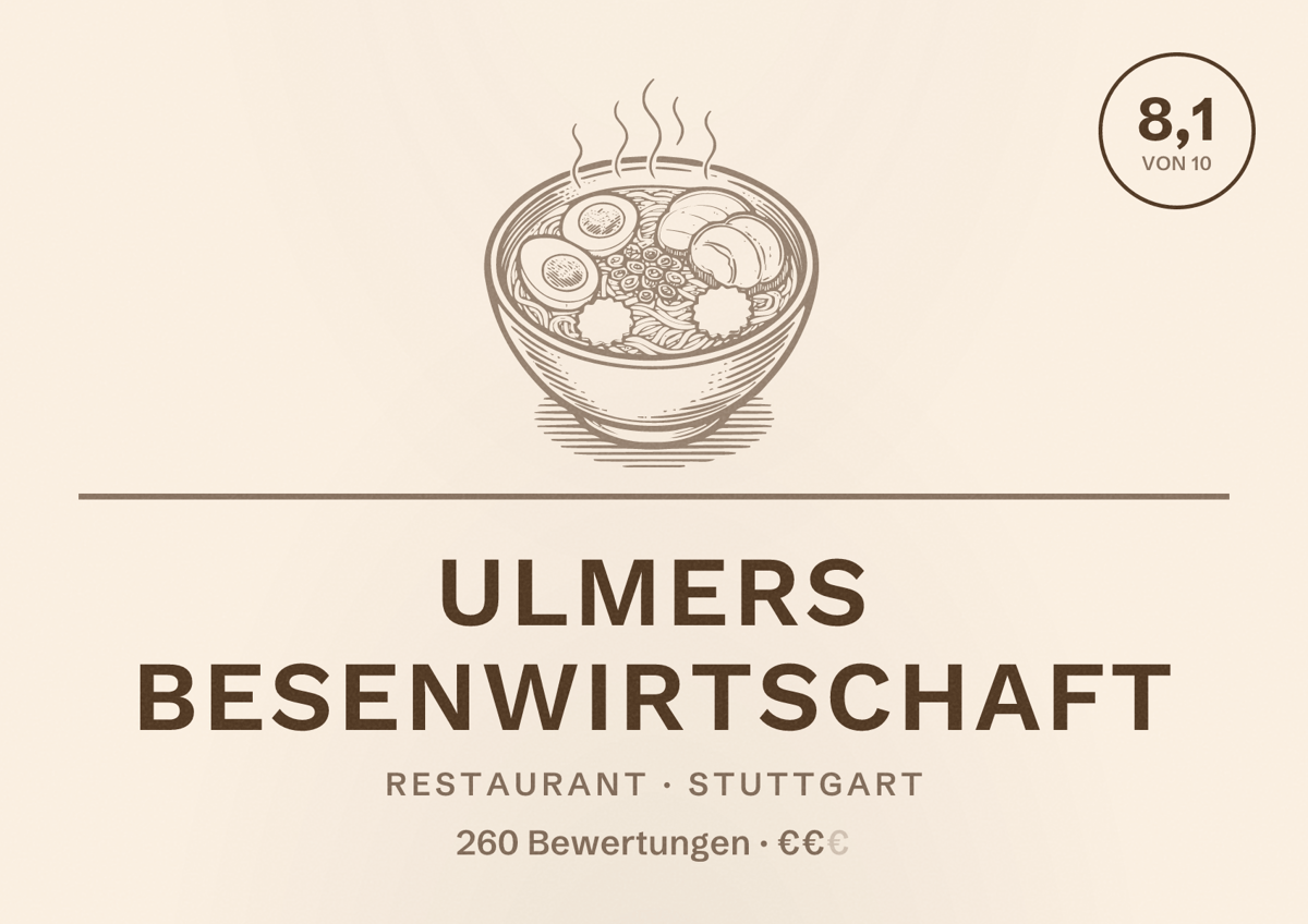 Illustriertes Poster von Ulmers Besenwirtschaft, Restaurant in Stuttgart: Bewertung 8,1 von 10 aus 260 Bewertungen, Preisniveau €€