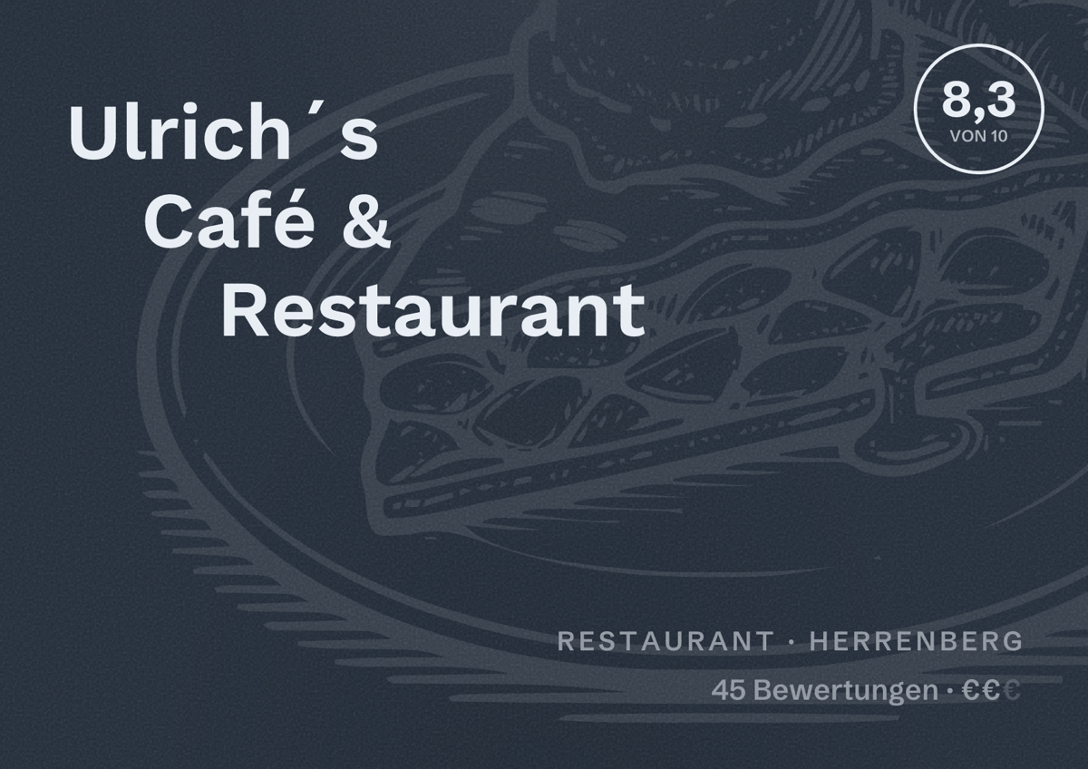 Illustriertes Poster von Ulrich´s Café & Restaurant, Restaurant in Herrenberg: Bewertung 8,3 von 10 aus 45 Bewertungen, Preisniveau €€